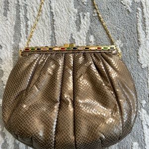 Vintage Judith Leiber bronze Lizard Skin Purse with Gems and Gold Chain